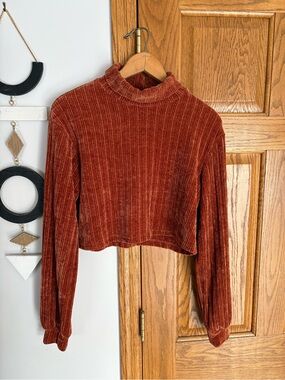 SHEIN Ribbed Velvet Mock Neck Cropped Long Sleeve Top - Rust
